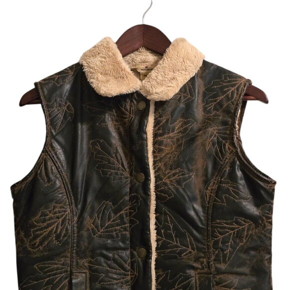 Woolrich Faux Leather Leaf Print Distressed Sherpa Lined Vest Sz S - Picture 3 of 8